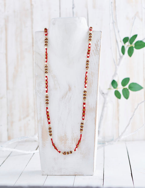 Handwoven Dhokra necklace with copper, brass and silver coated brass beads and red cotton thread