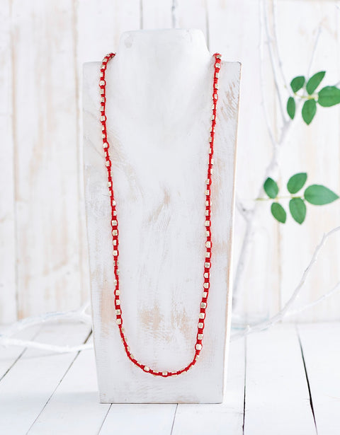 Hand-woven Dhokra necklace with silver coated brass beads & red cotton thread