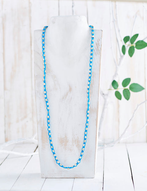 Hand-woven Dhokra necklace with silver coated brass beads & blue cotton thread