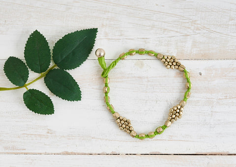 Gypsy Dhokra anklet with silver metal alloy and green cotton thread