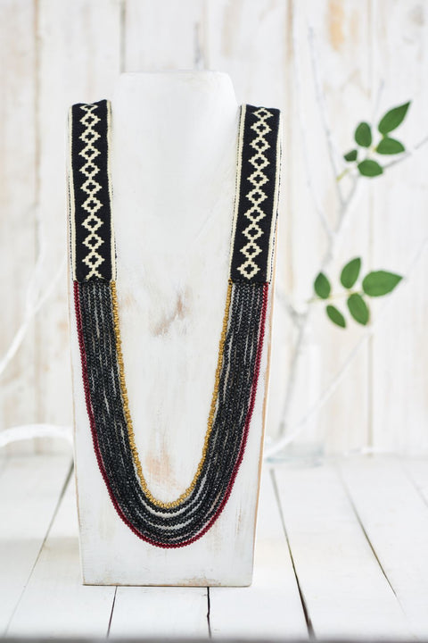 Handwoven Toda Embroidery Cascading Necklace with Dhokra brass beads, black and burgundy crystal beads