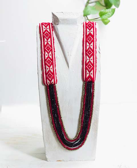 Handwoven Toda Embroidery Cascading Necklace with Dhokra white metal beads and deep red and black crystal beads