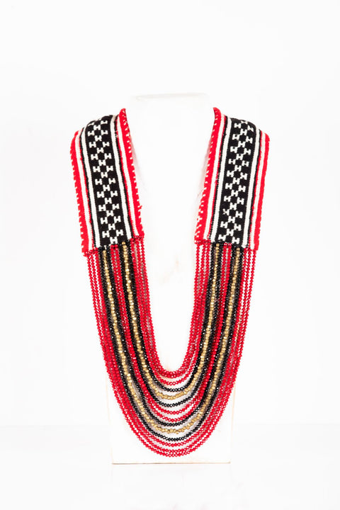 Handwoven Toda Embroidery Cascading Necklace with Dhokra brass beads, black and deep red crystal beads