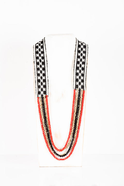 Handwoven Toda Embroidery Cascading Necklace with Dhokra brass beads, Black and Red crystal beads